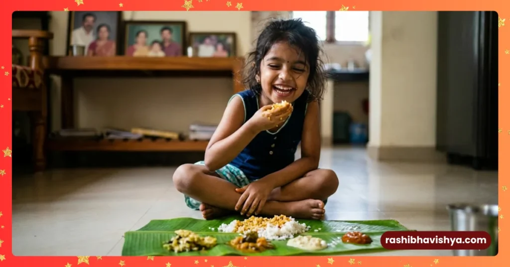 ಬಾಳೆ ಎಲೆಯಲ್ಲಿ ಊಟವನ್ನು ಆಸ್ವಾದಿಸುತ್ತಿರುವ ಯುವತಿ.