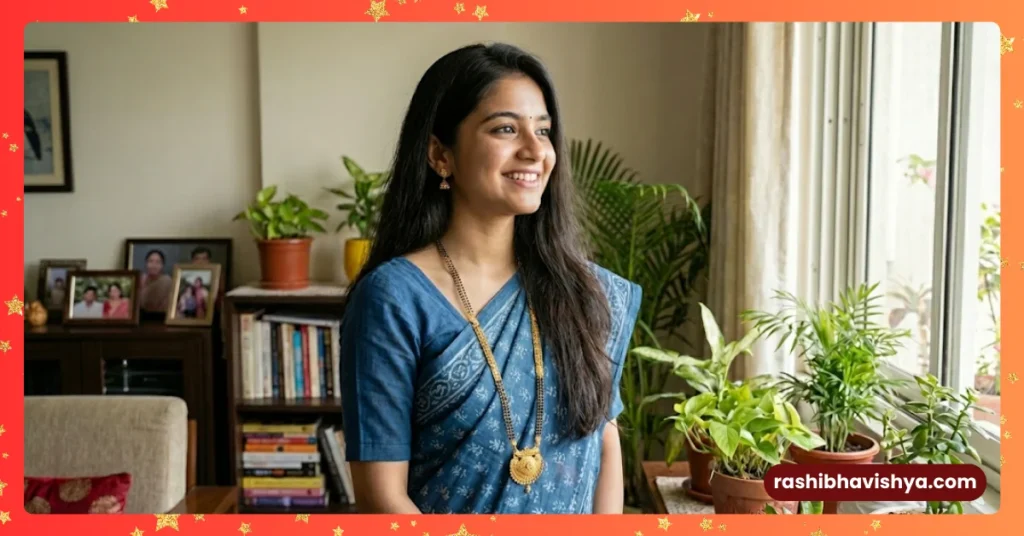 ಸಂಪ್ರದಾಯದಂತೆ ಉದ್ದವಾದ ತಾಳಿ ಸರ ಧರಿಸಿ ನೆಮ್ಮದಿಯಿಂದಿರುವ ಮಹಿಳೆ.