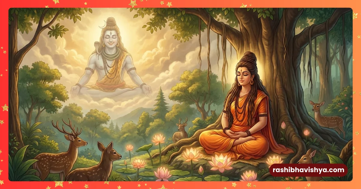Scene of Goddess Parvati doing penance for marriage yoga.