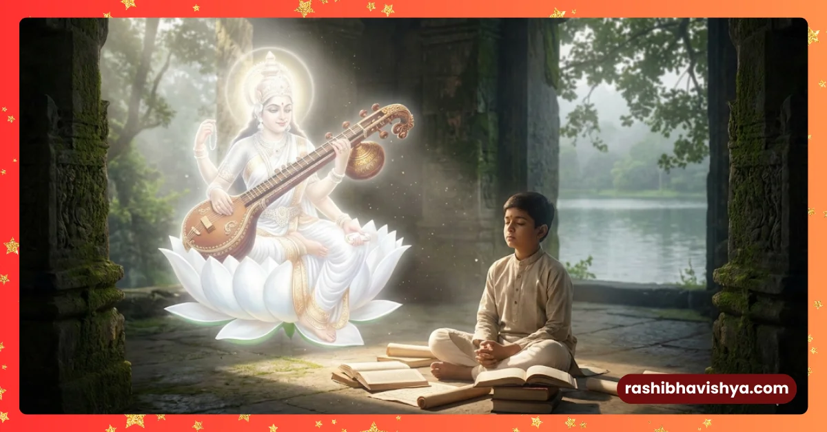 Vidyadevata Saraswati and a student studying with concentration