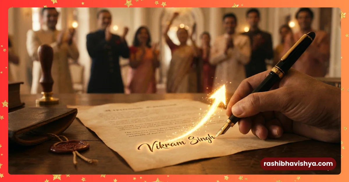 A scene where fortune changes with a change of signature and name