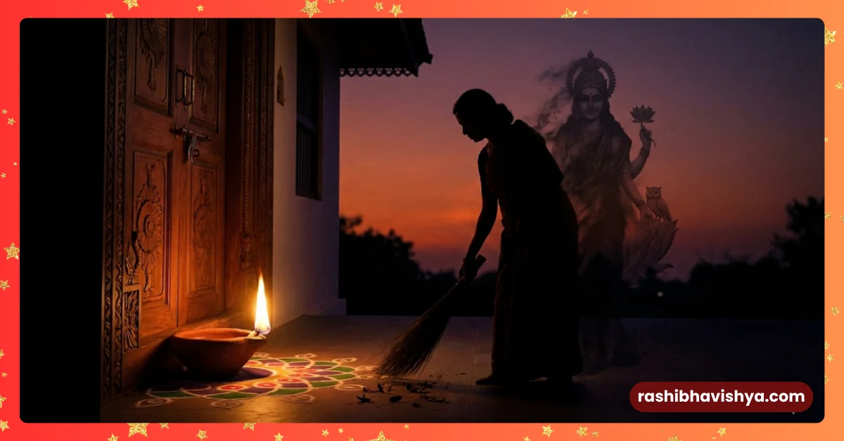 The scene of Lakshmi leaving the house after sweeping the garbage in the evening.