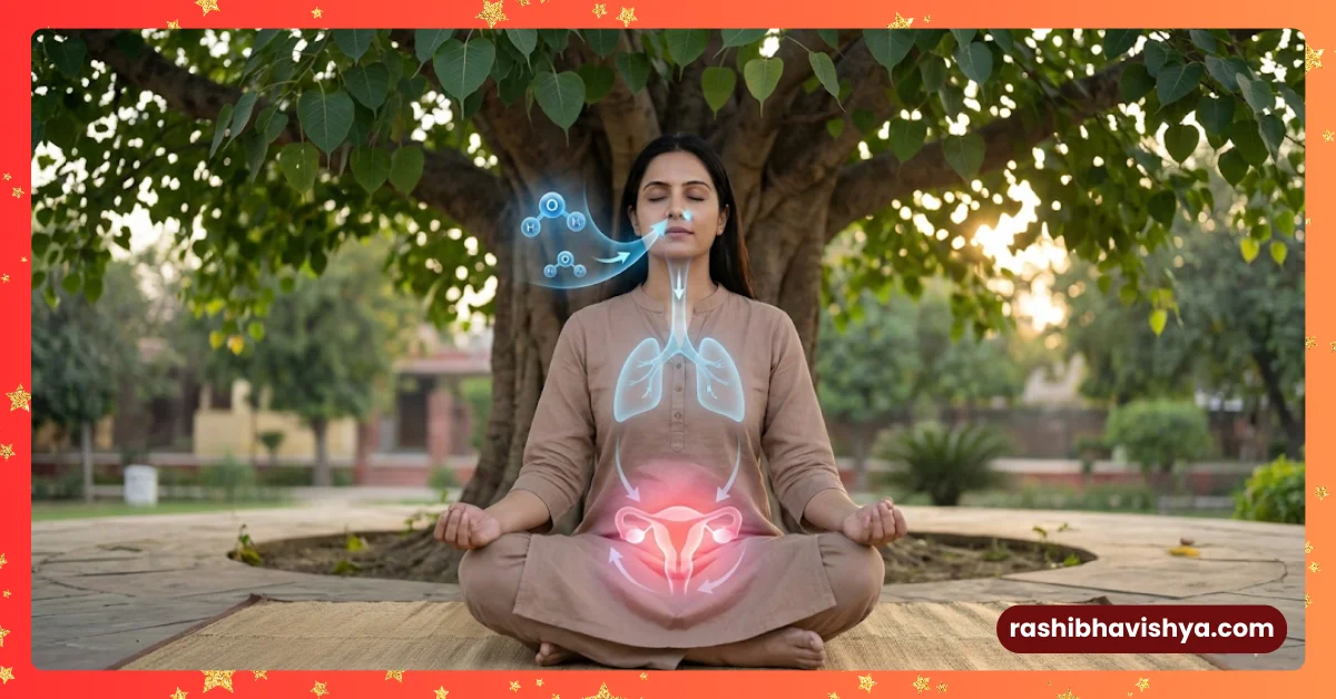 A woman meditating under a blossoming tree, consuming pure oxygen.