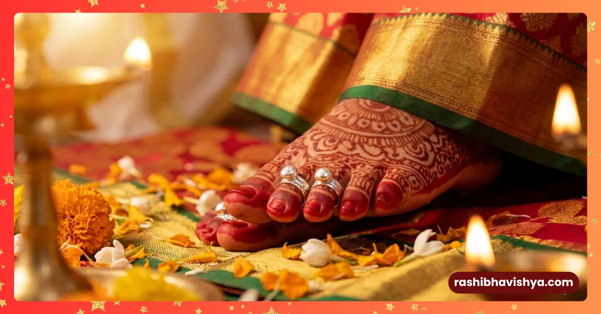 Beautiful scene of silver foot and mehndi placed on bride's feet at wedding.