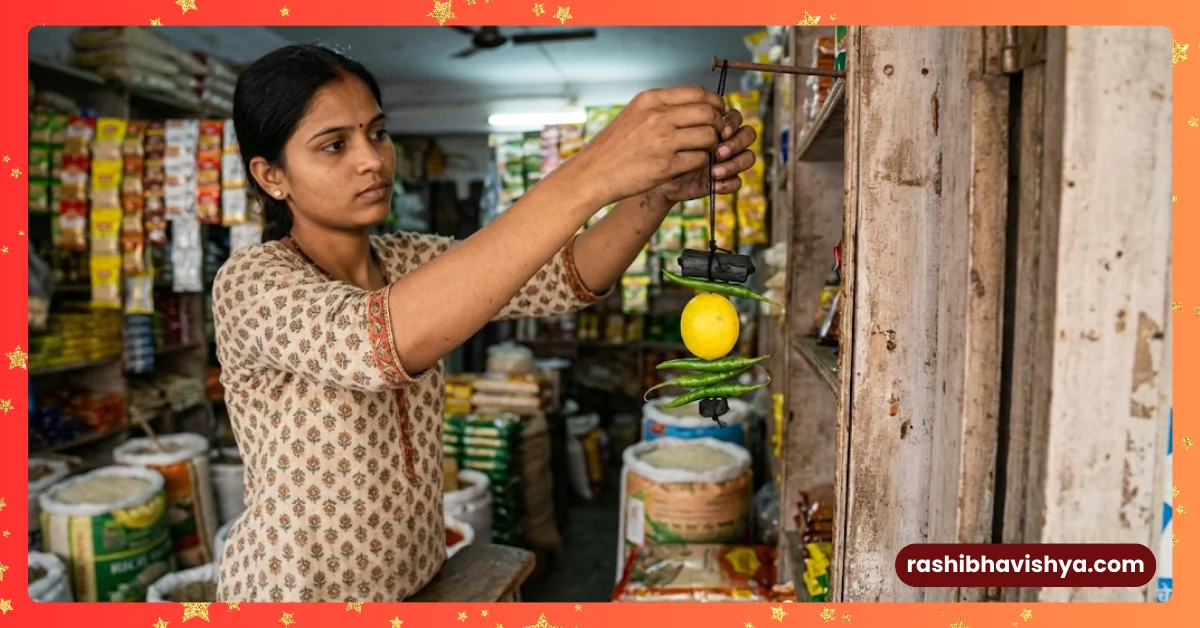 A woman tying lemons and chillies to a shop door.