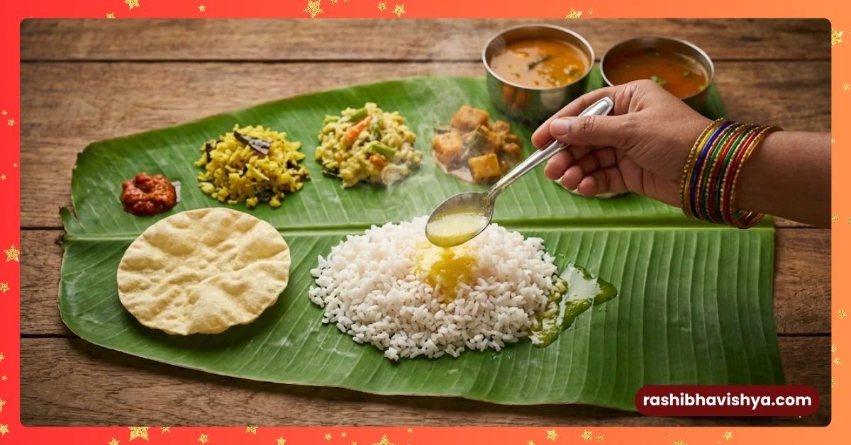 A woman serving hot food on a banana leaf, steaming rice.