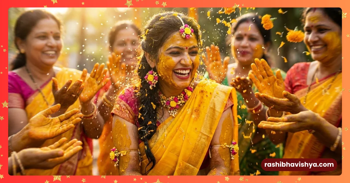 A festive scene of applying turmeric to the bride at the wedding.