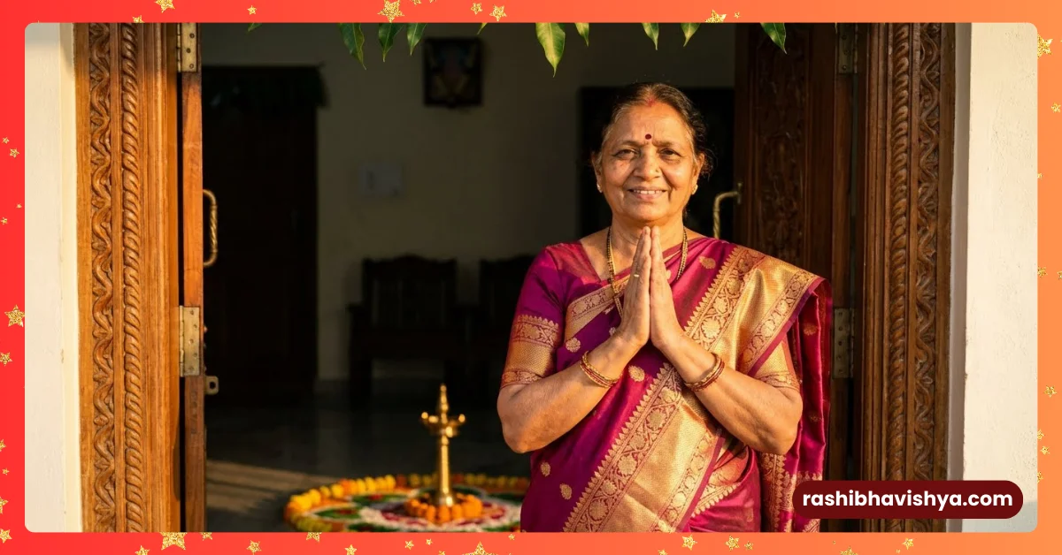 A woman with a smile on her face as per the tradition (bowing).