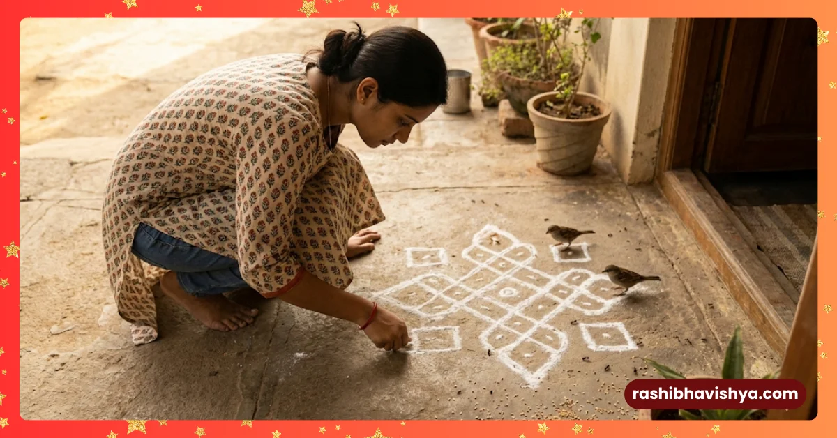 A woman making a rice flour rangoli at the door in the morning and the birds there.
