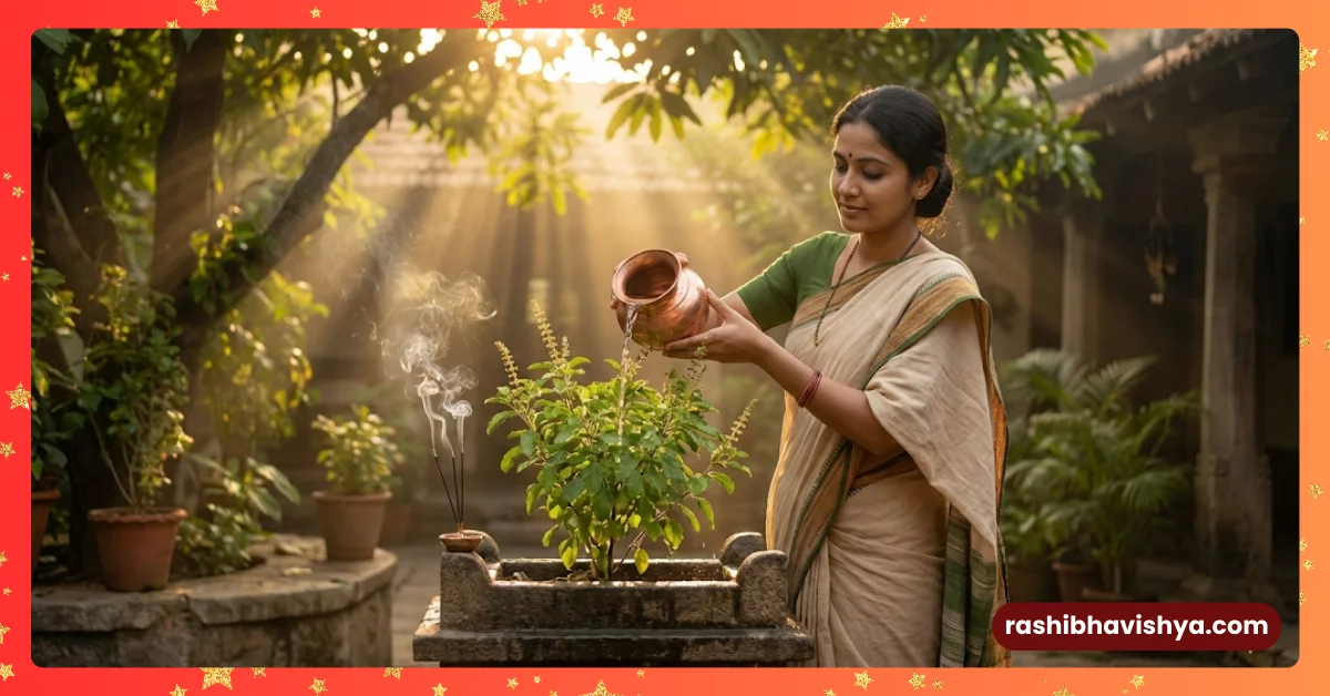 A woman worshiping by watering the Tulsi plant in the morning, is a source of oxygen.
