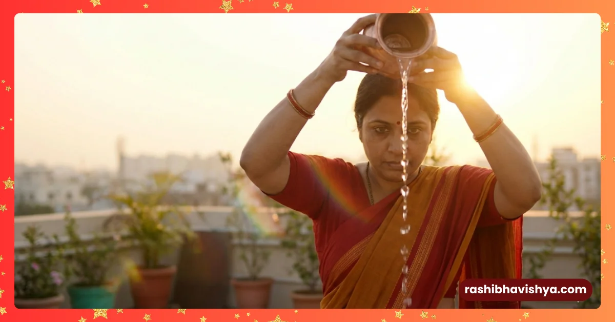 A woman looking at the sun through a stream of water, saluting the morning sun.
