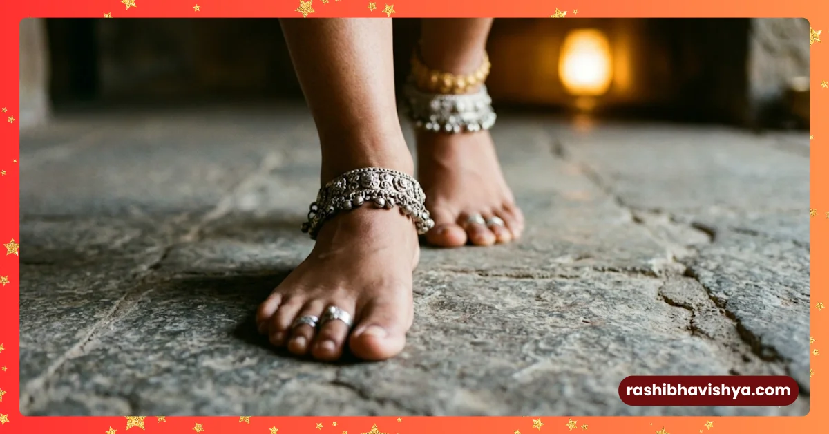 A real picture of a woman wearing silver anklets and anklets for health.