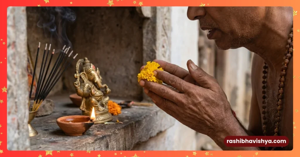 ಗಣೇಶ ಸ್ತೋತ್ರ ಪಠಿಸುತ್ತಾ ಪೂಜೆ ಮಾಡುತ್ತಿರುವ ದೃಶ್ಯ.
