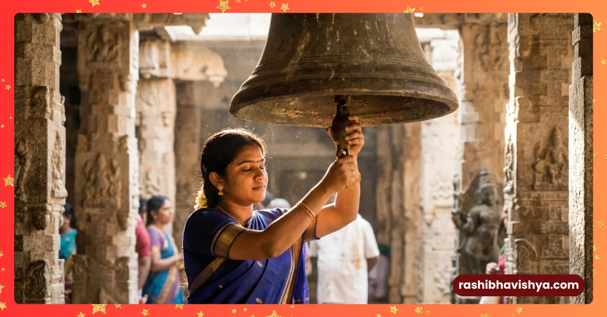 ದೇವಸ್ಥಾನದಲ್ಲಿ ಭಕ್ತಿಯಿಂದ ದೊಡ್ಡ ಗಂಟೆಯನ್ನು ಬಾರಿಸುತ್ತಿರುವ ಯುವತಿ, ಆ ಶಬ್ದದಲ್ಲಿ ಲೀನವಾಗಿರುವ ದೃಶ್ಯ.