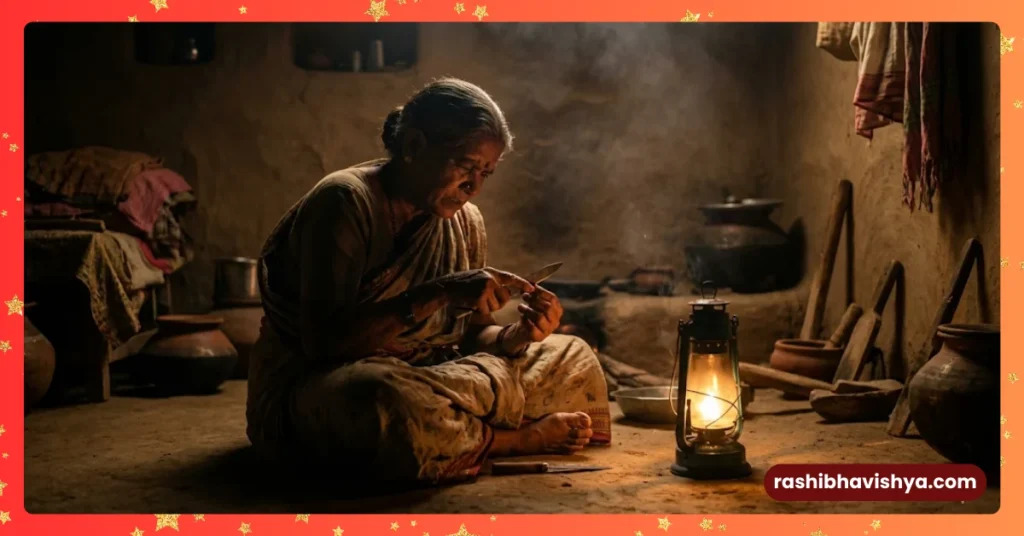 ಹಳೆಯ ಕಾಲದಲ್ಲಿ ಚಿಮಣಿ ಎಣ್ಣೆ ದೀಪದ ಬೆಳಕಿನಲ್ಲಿ ಉಗುರು ತೆಗೆಯಲು ಕಷ್ಟಪಡುತ್ತಿರುವ ಮಹಿಳೆ.